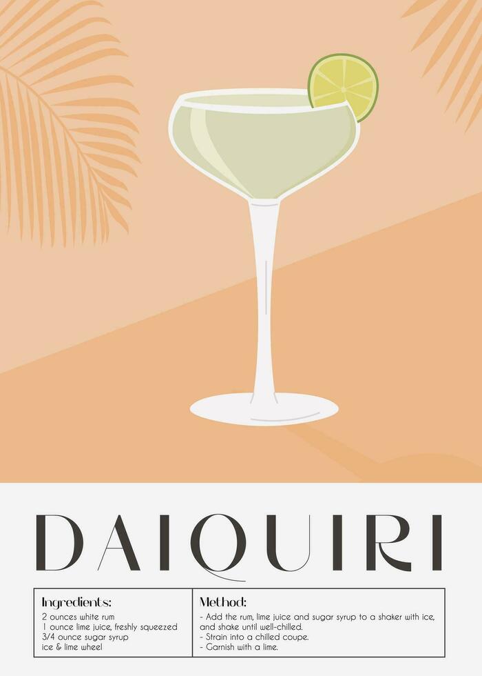 Daiquiri Cocktail in martini glass garnished with lime slice. Retro print of summer aperitif recipe. Wall art poster with alcoholic beverage and tropical palm tree shadow on background. Vector. vector
