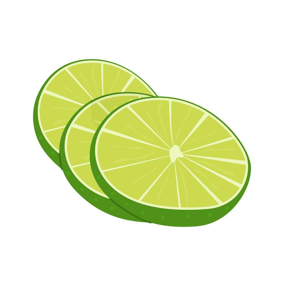 Vector flat style set of lime. Whole key lime, sliced, cutted in half and citrus wedges. Composition of fruit slices. Delicious juicy citron for cocktails.