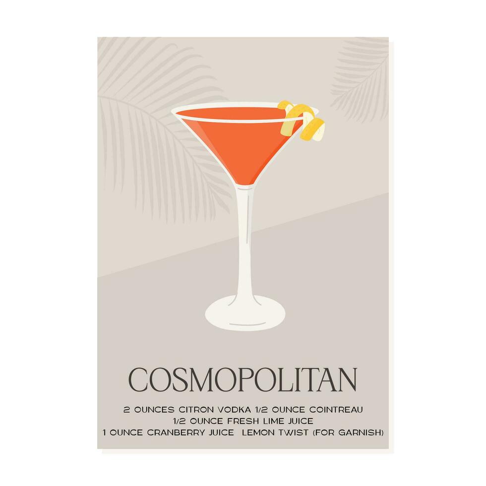 Cosmopolitan Cocktail in martini glass garnished with lime wheel. Summer aperitif recipe retro minimalist print. Alcoholic beverage with tropical palm shadow on background. Vector flat illustration.
