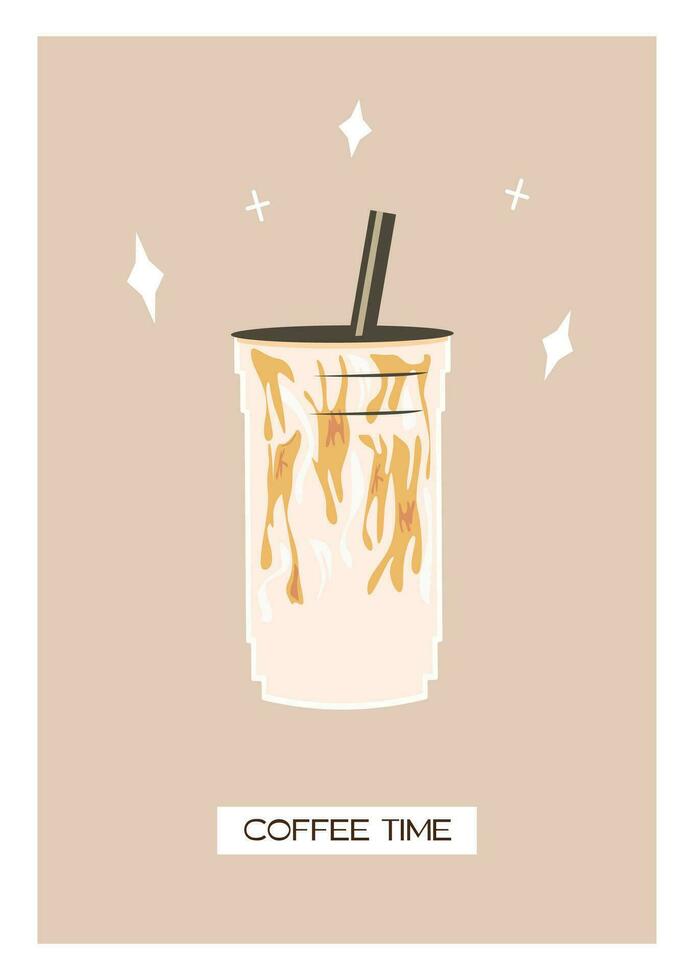 Modern wall art poster for coffee shop or kitchen. Latte or cappuccino ice coffee in transparent plastic cup and straw. Milk tea with splashes in takeaway glass. Flat style vector illustration.