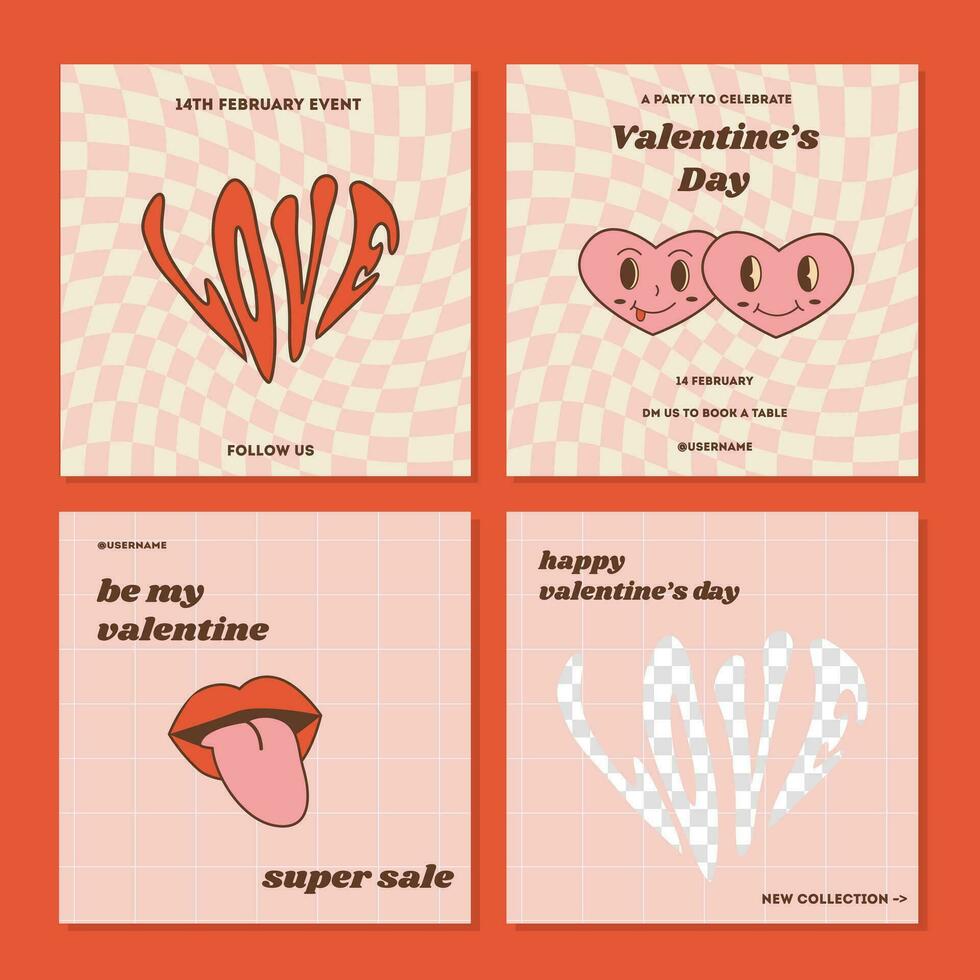 Set of Valentines greeting cards in retro 60s 70s 80s groovy style. Sale square banner for social media post. Love creative minimalist print. Web background. Poster template vector flat illustration.