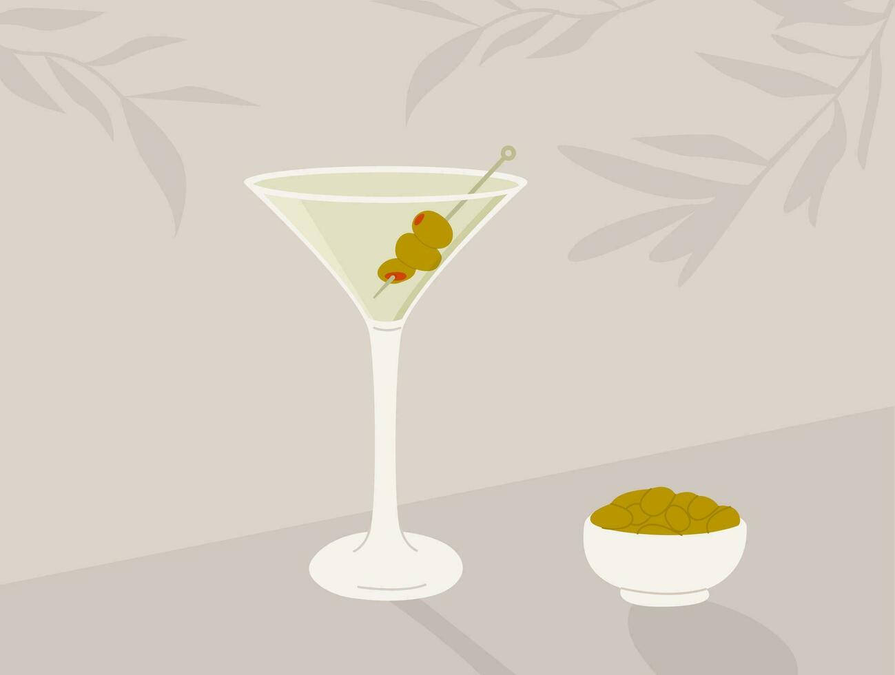 Dirty Martini Cocktail in glass with ice and olives on skewer. Summer aperitif recipe retro elegant poster. Print with classic alcoholic beverage and appetizer. Vector illustration.