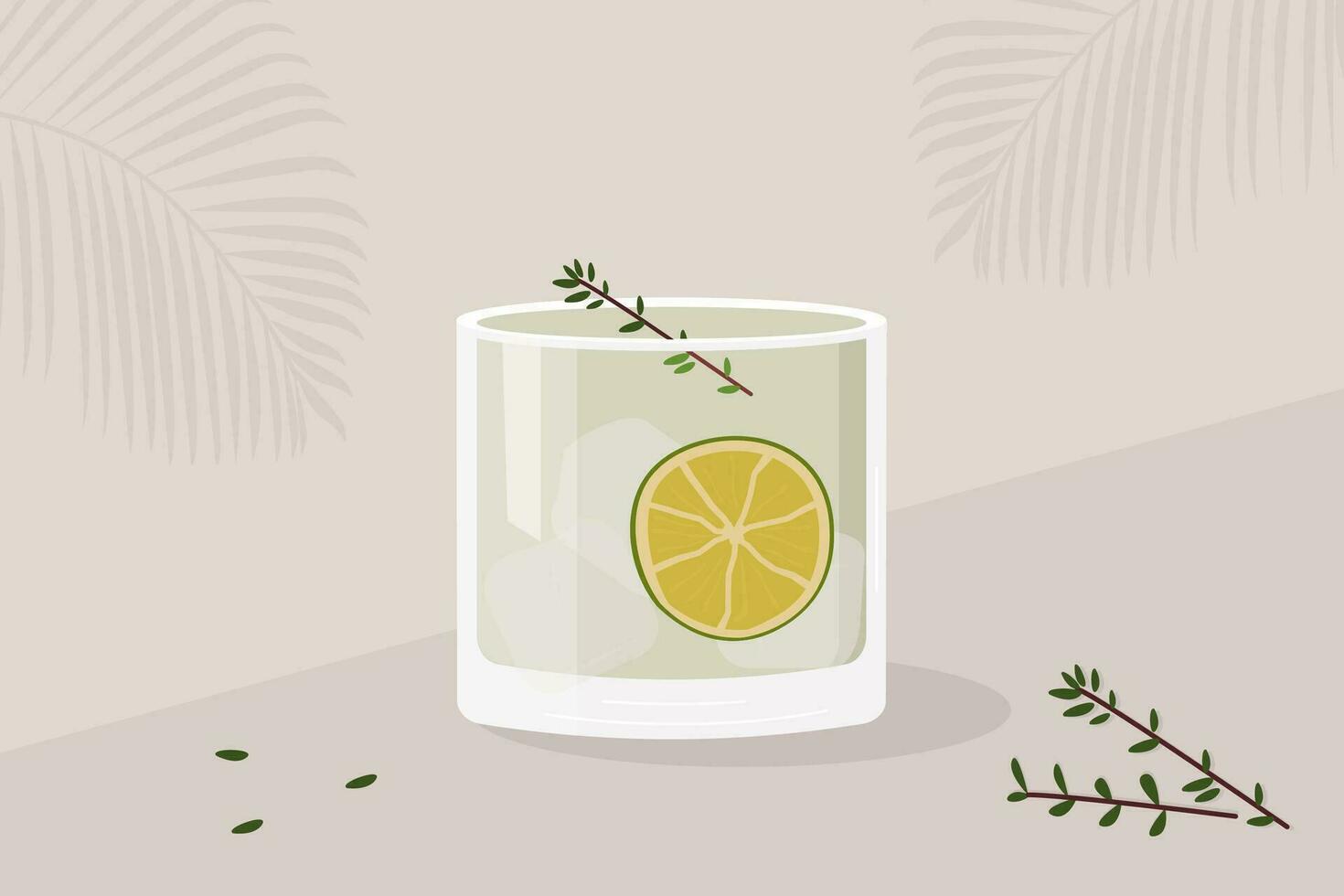 Gin Tonic Cocktail garnished with slice of lime and rosemary twigs. Summer aperitif trendy poster. Minimalist print with alcoholic beverage on background with palm shadow. Vector flat illustration.