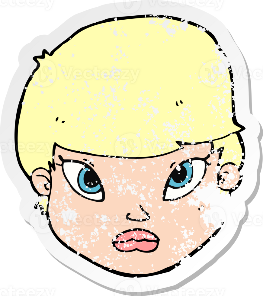 retro distressed sticker of a cartoon serious face png