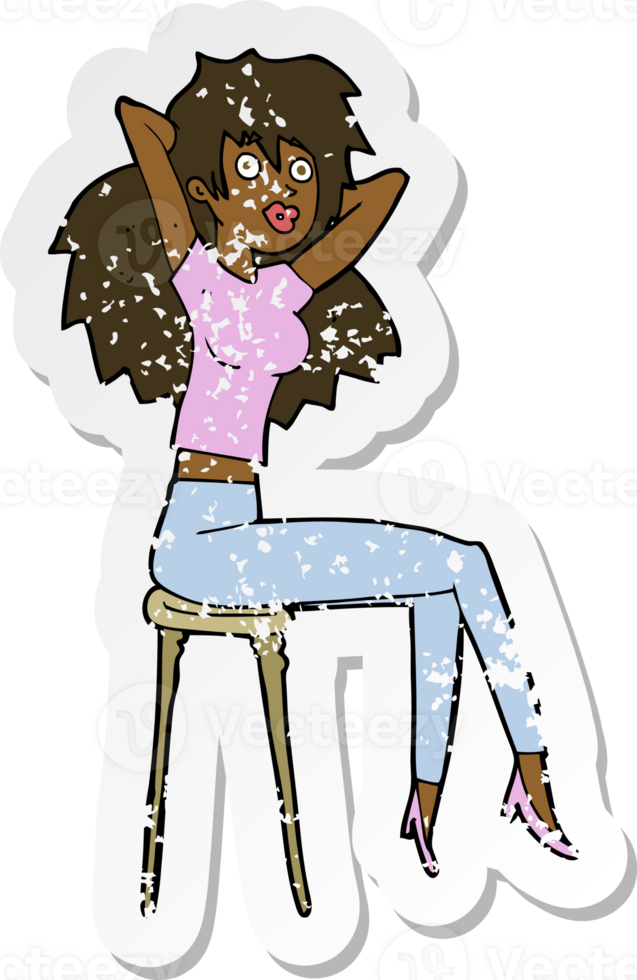 retro distressed sticker of a cartoon woman posing on stool png