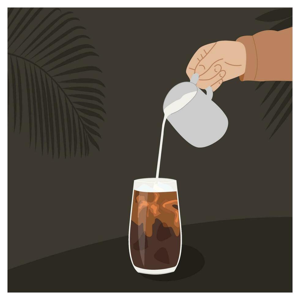 Barista hand pouring milk in black ice coffee in transparent glass. Iced tea asian style drink. Vector trendy minimalist flat style illustration. Modern poster or banner for cafe or coffee shop.