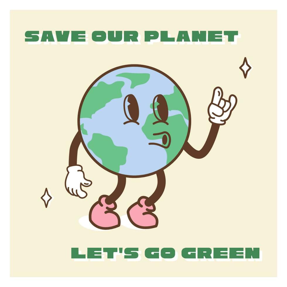 Clásico motivación póster o tarjeta diseño modelo con tierra planeta personaje mascota. global calentamiento es global advertencia subtítulo. ambiental eco verde vida impresión concepto. vector plano ilustración.