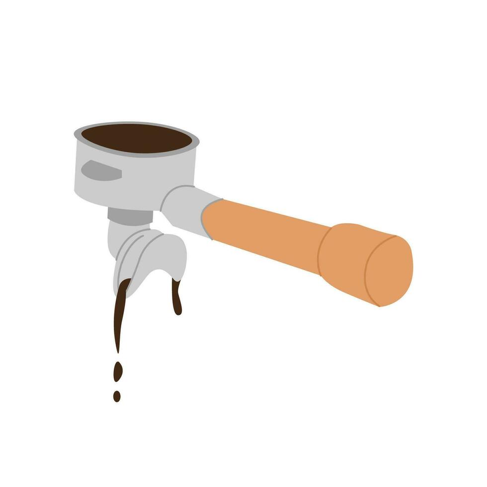 Coffee portafilter with hot freshly brewed speciality dripping coffee. Accessory for automatic coffee machine. Brewing methods. Hand drawn colored trendy minimalist vector flat style illustration.