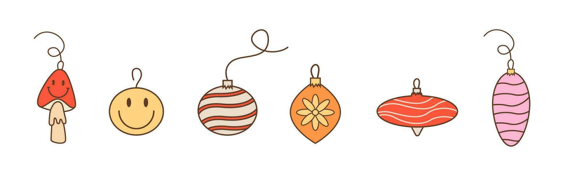 colección de Clásico adornos y decoraciones para Navidad árbol. conjunto de fiesta adornos retro maravilloso 60s 70s vaso pelotas. de colores vector ilustración en plano dibujos animados estilo.