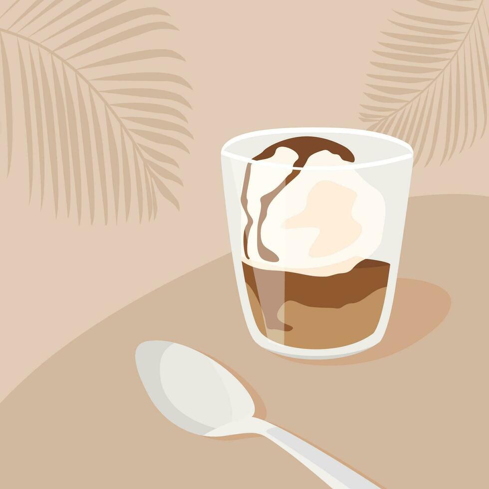 contemporáneo cuadrado tarjeta con affogato café postre con hielo crema y cuchara en mesa en cafetería. de moda minimalista póster con postre. menú modelo. vector plano estilo ilustración.