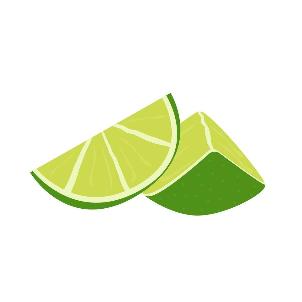 Vector flat style set of lime. Whole key lime, sliced, cutted in half and citrus wedges. Composition of fruit slices. Delicious juicy citron for cocktails.