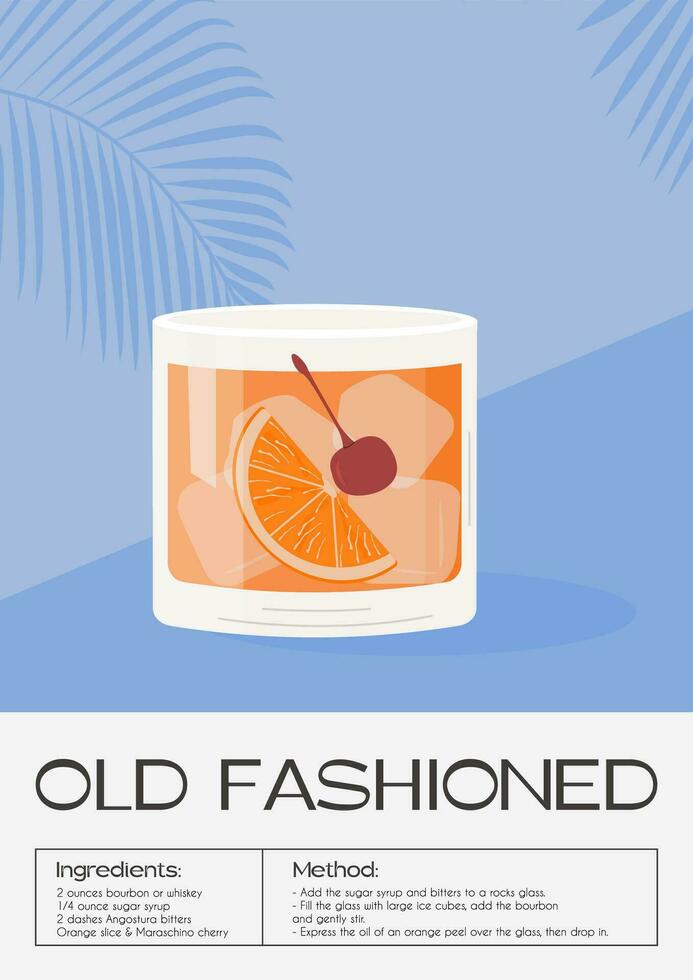 antiguo pasado de moda cóctel en el rocas adornar con naranja rebanada y marrasquino cereza. whisky con hielo aperitivo tropical vertical póster. minimalista de moda alcohólico bebida. vector ilustración.