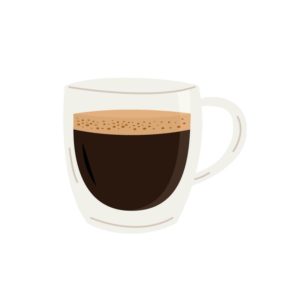 Hot fresh black specialty coffee in transparent glass cup. Espresso with foam on top. Colored flat vector illustration in trendy minimalist style isolated on white background.