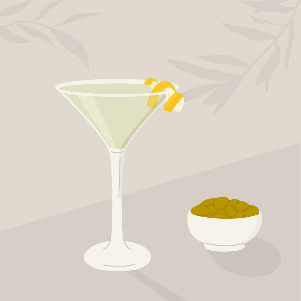 seco martini cóctel en vaso con hielo y limón girar. verano aperitivo receta retro elegante póster. impresión con alcohólico bebida decorado con limón giro y aceituna árbol en antecedentes. vector. vector