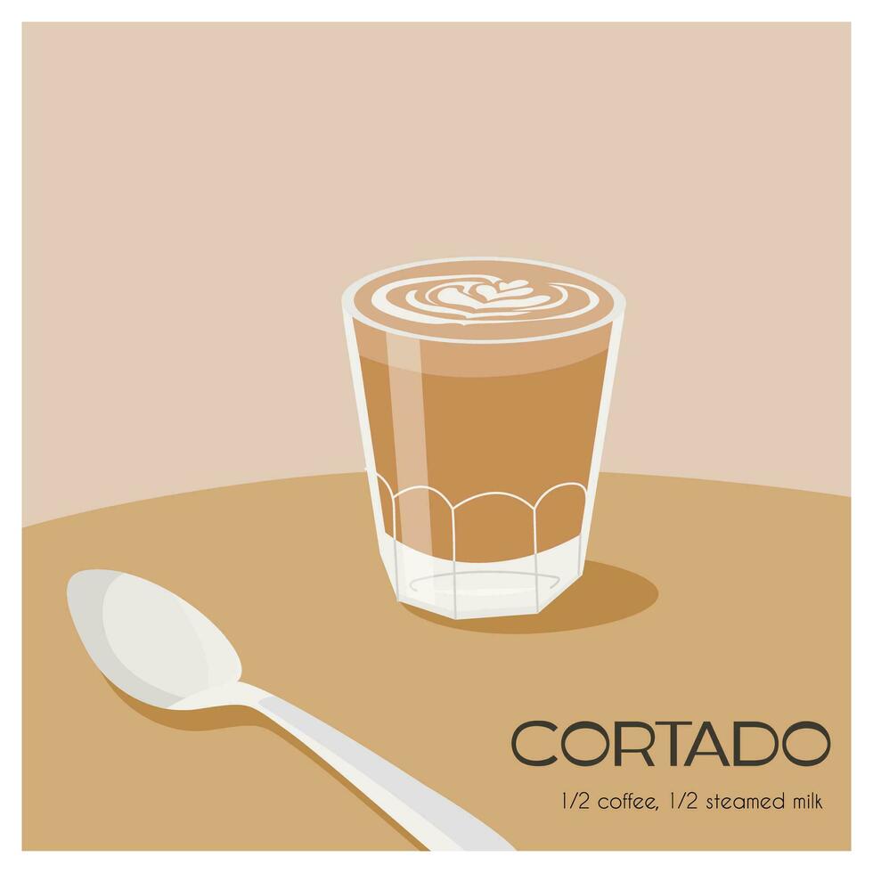 Cortado recipe. Hot latte or cappuccino in transparent glass on table with teaspoon. Cup of milk coffee at cafe. Breakfast menu modern trendy square poster in simple minimal style. Vector illustration