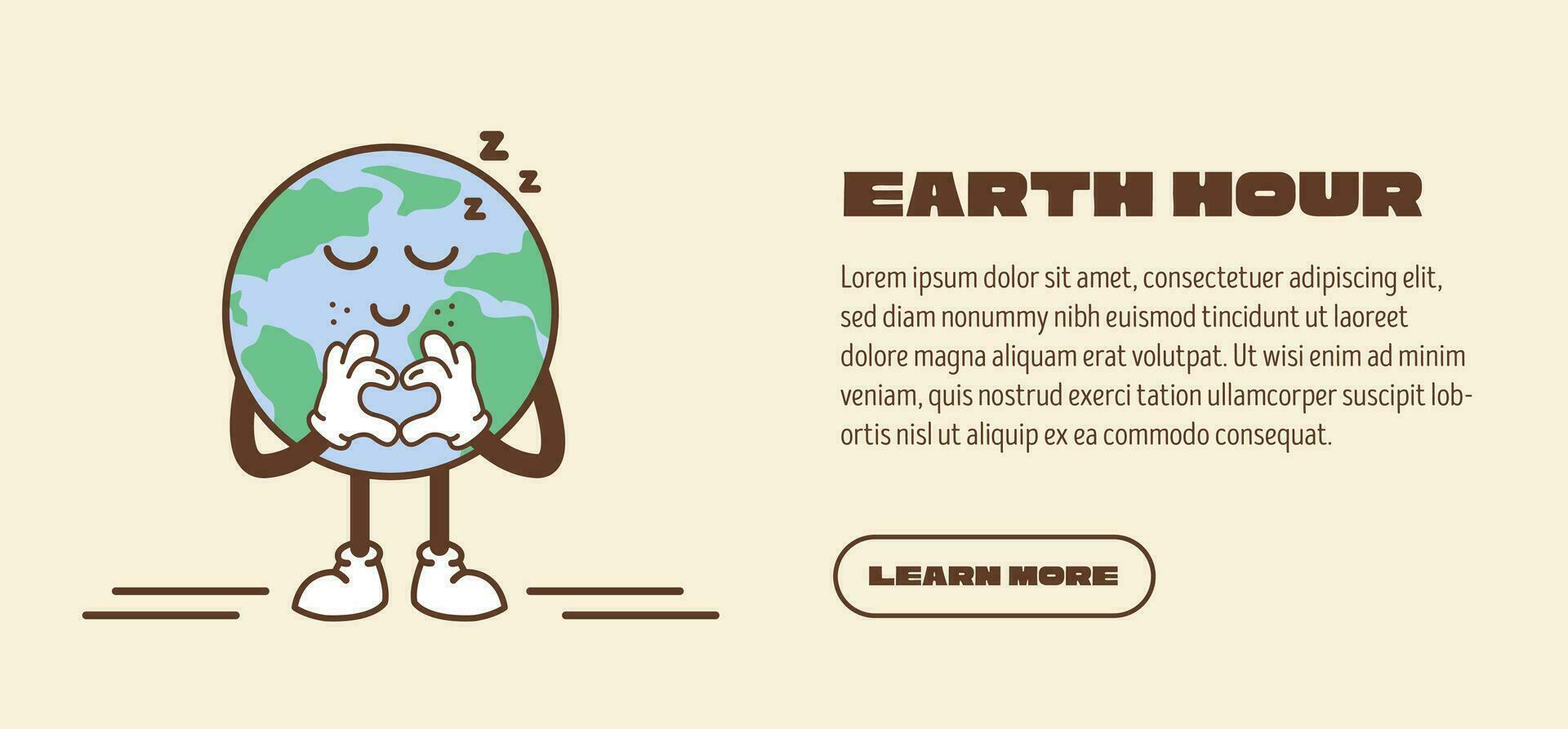 Web banner for Earth hour. Slide or landing page with environmental protection concept. Cute vintage planet mascot with heart sign. Global warming and climate change concept retro vector illustration.