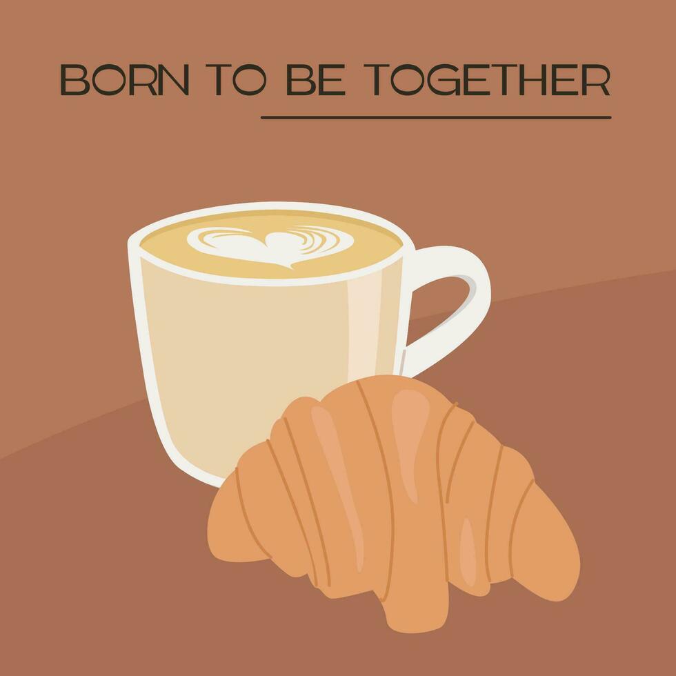 contemporáneo cuadrado tarjeta modelo con capuchino taza y cuerno en mesa en cafetería. Leche café y horneado Pastelería. de moda minimalista póster para francés desayuno colocar. vector plano estilo ilustración.