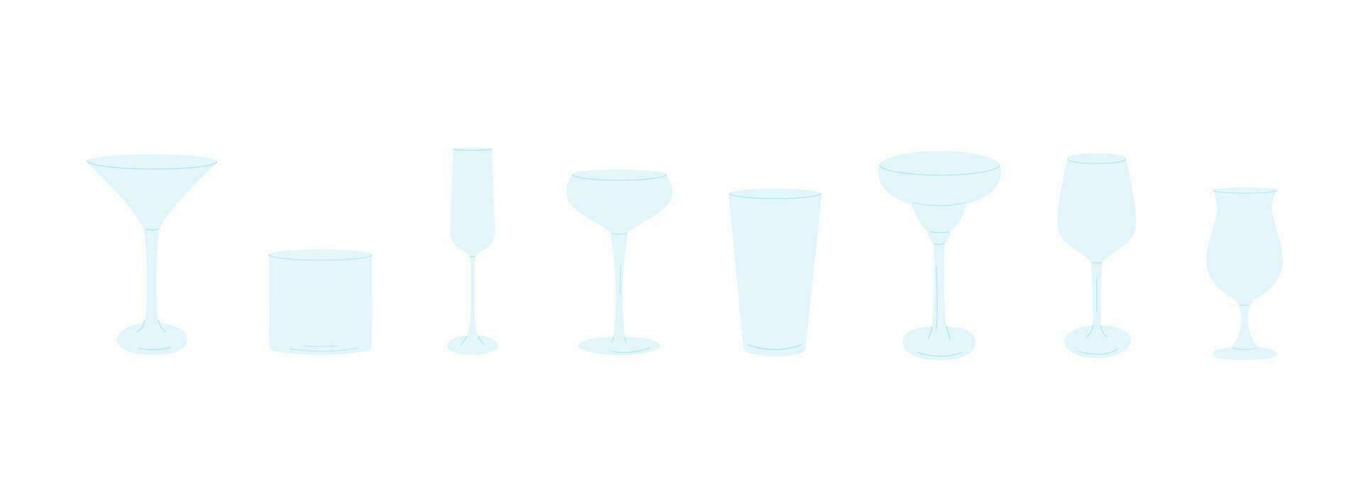 Vector set of cocktail glasses flat icons. Trendy modern simple style of different barware. Empty glassware for bar. Various glass for alcoholic beverages, drinks, juices and smoothies.