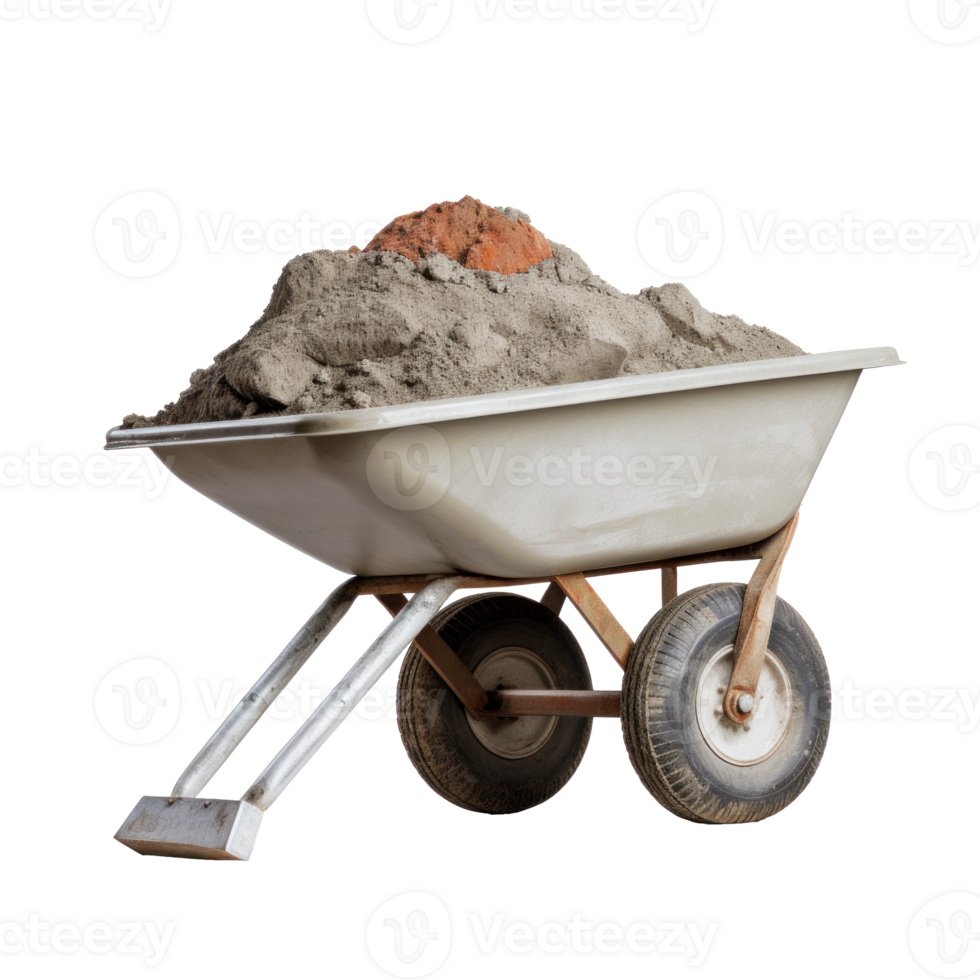 AI generated iron wheelbarrow full of cement, png file of isolated cutout object on transparent background