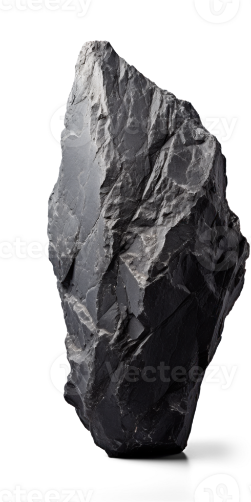 AI generated black rough heavy rock in vertical position, png file of isolated cutout object on transparent background with shadow