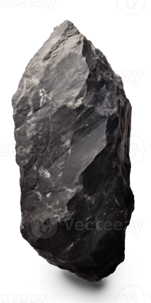 AI generated black rough heavy rock in vertical position, png file of isolated cutout object on transparent background with shadow