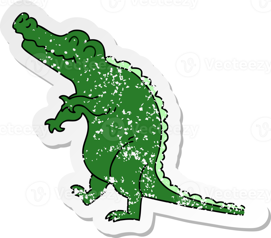 distressed sticker of a quirky hand drawn cartoon crocodile png