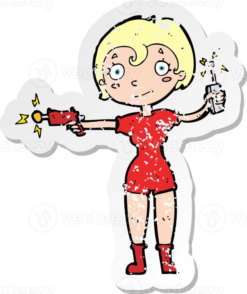 retro distressed sticker of a cartoon future space girl png