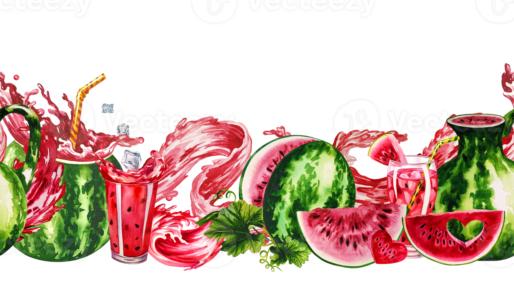 Watermelon. Seamless border with watermelon and fresh juice juice. Watercolor hand drawn illustration. For labels, packaging and banners. For textiles, prints, menus and flyers png
