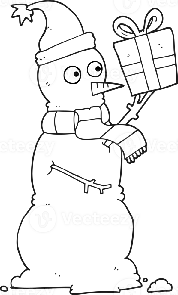 black and white cartoon snowman holding present png