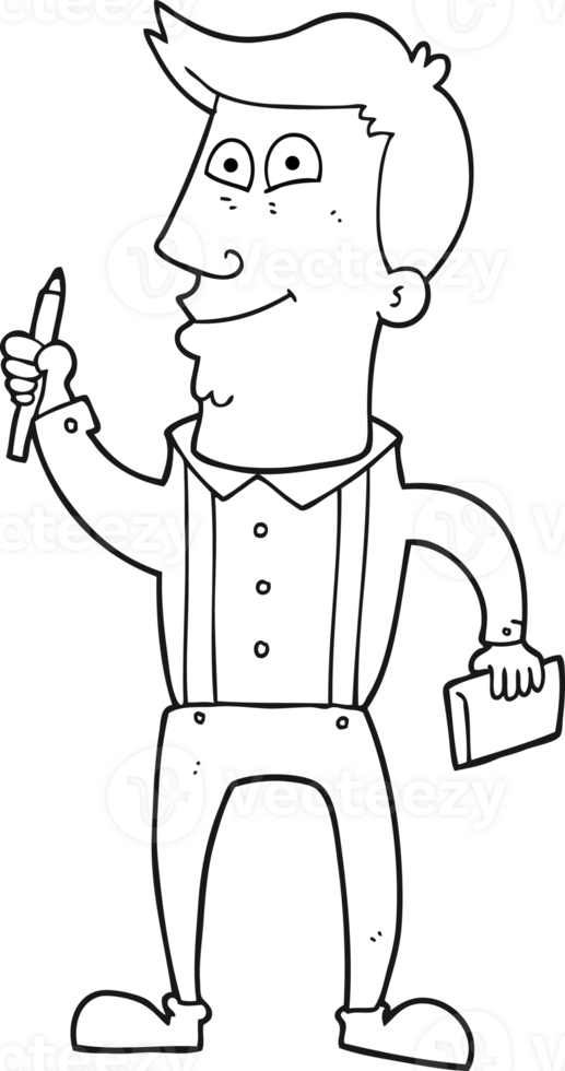 black and white cartoon man with notebook and pen png
