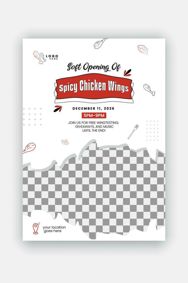 Chicken wings flyer design template for restaurant, delicious food menu discount poster or grand opening of A4 size brochure with red color shape and white background vector