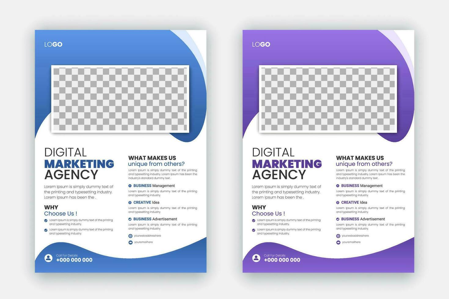 Digital marketing agency flyer set template, modern corporate creative professional and business brochure design, annual report, layout with blue and purple flyer bundle for business promotion vector