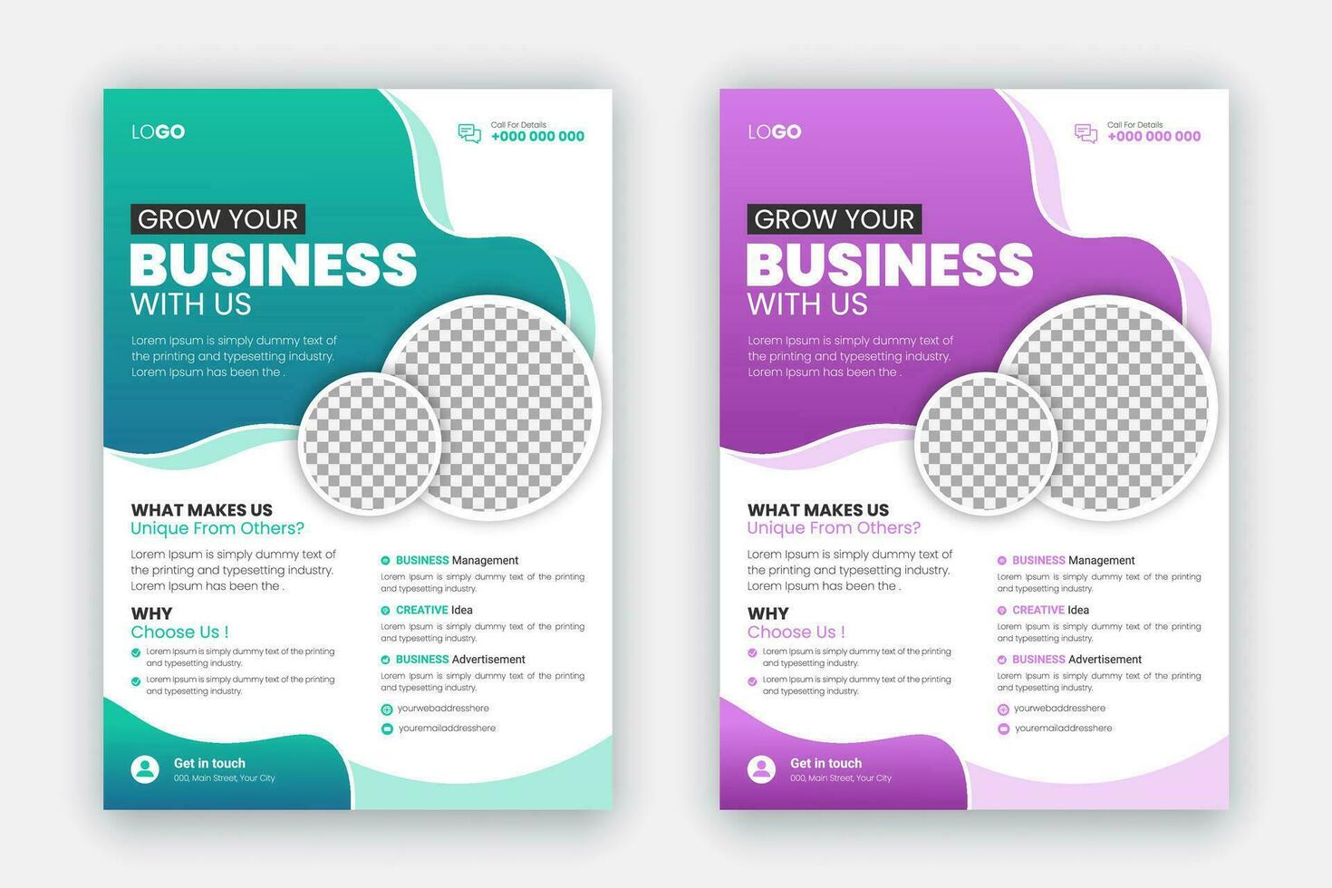 Corporate modern creative flyer set design, professional and business brochure template, leaflet, annual report, abstract layout with purple and blue gradient color shapes for business promotion vector