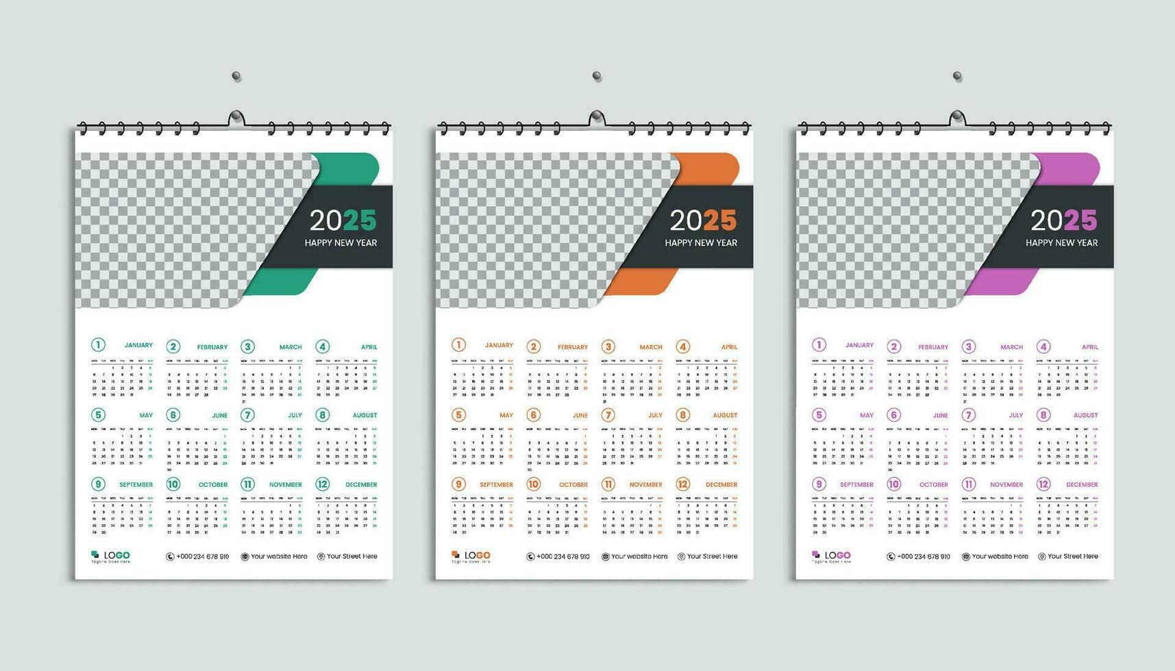 Wall Calendar 2025 Design Template Bundle, Weeks Starting Monday Clean, elegant white background template and luxury concept, suitable for home school, college and office vector