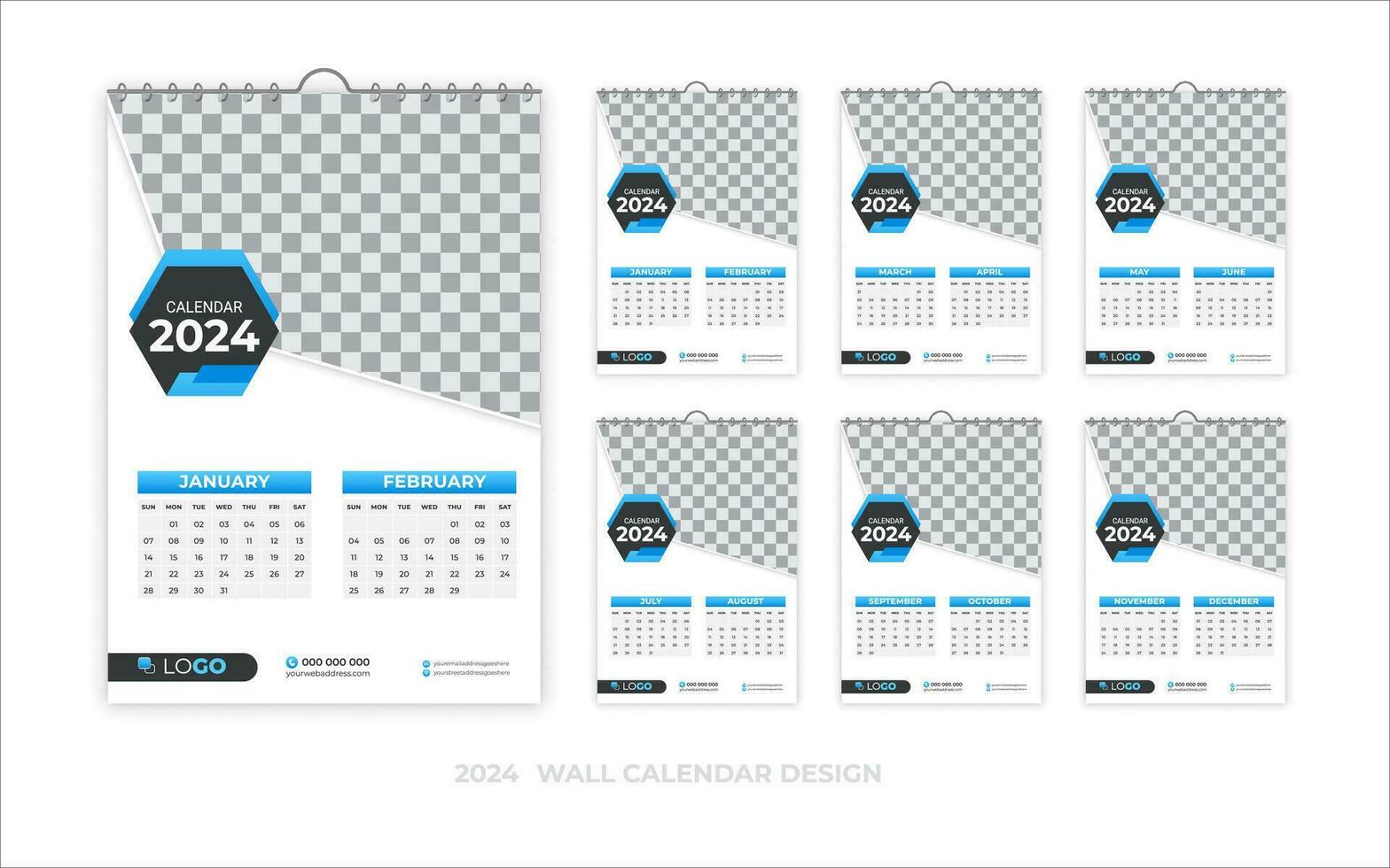 Simple and minimal wall calendar 2024 template design, 2024 planner, corporate creative calendar 2024 week starting from Monday, set of 6 calendars, printing, advertising, stationery, company office vector