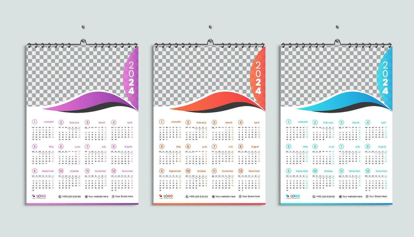 Wall calendar 2024 design template, week starting from Monday. Clean, elegant template schedule planner, abstract gradient color luxury concept, perfect use in home school college and office vector