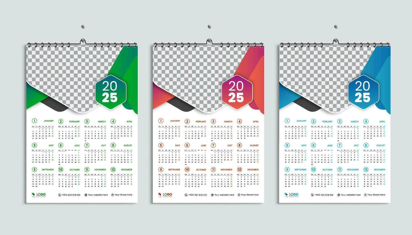Wall calendar 2025 design template, week starts Monday, clean, elegant template schedule planner, abstract green, orange, blue gradient color luxury concept, suitable for home school, college office vector
