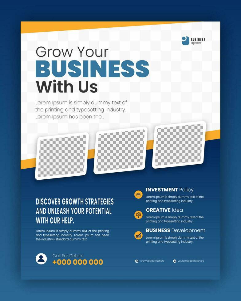 Corporate, creative, company promotion business flyer, digital marketing agency poster design template, A4 seminar flyer layout, proposal, blue and yellow color shape with white background vector