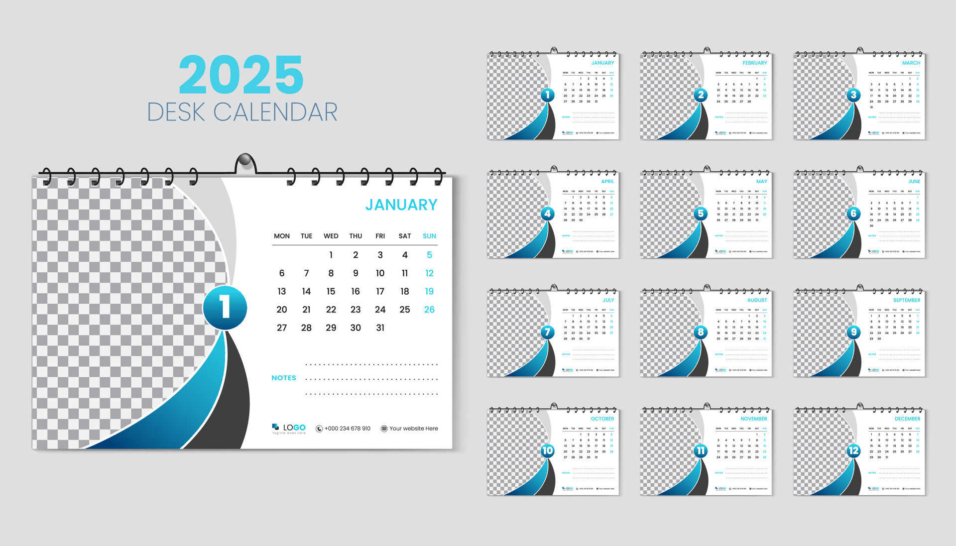 Desk calendar 2025 planner and corporate design template set, Annual