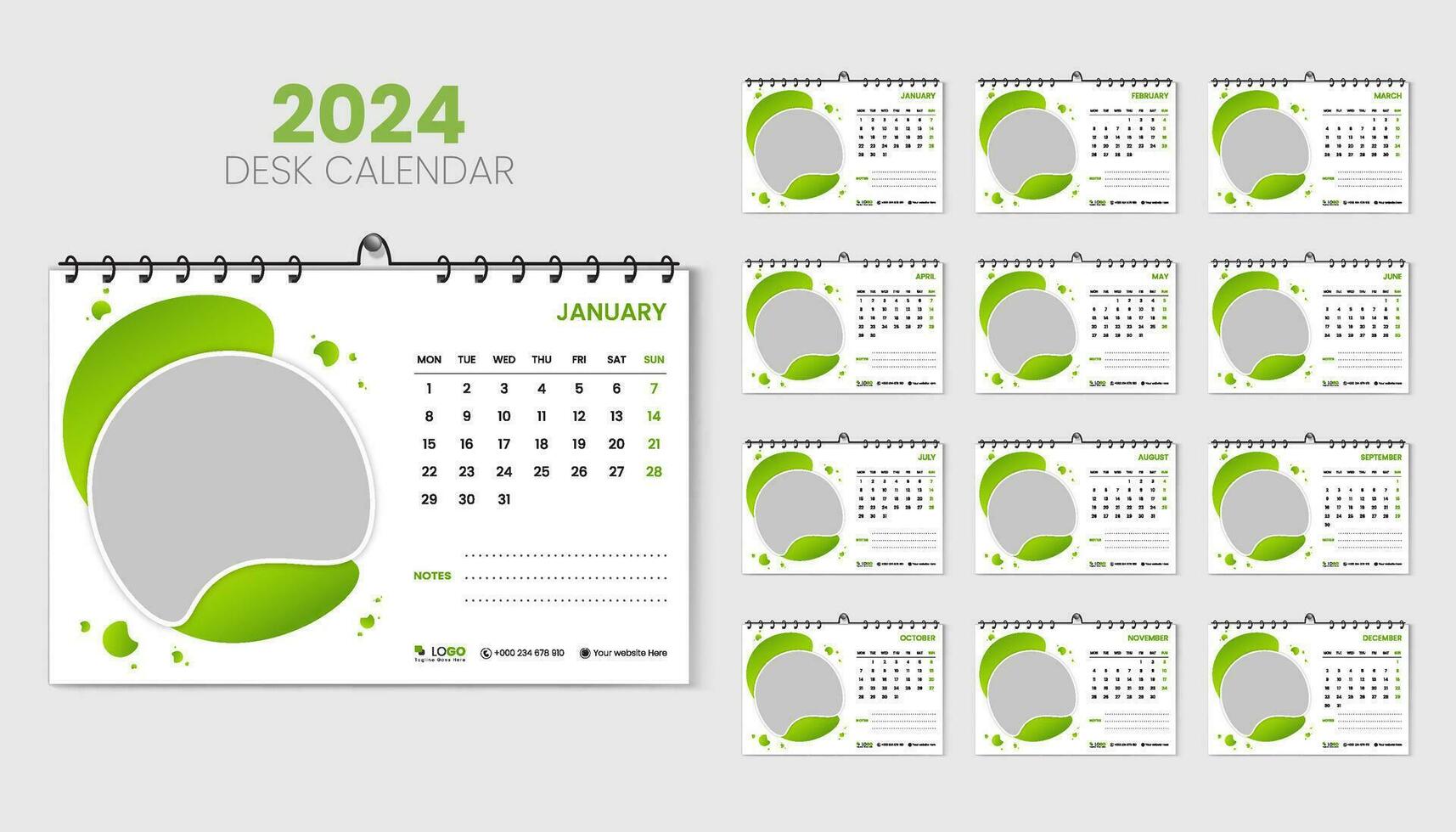 Travel desk calendar 2024 planner and corporate design template set, Annual calendar 2024 for 12 months, week starts Monday, abstract green gradient color shape with vector layout, printing, and card