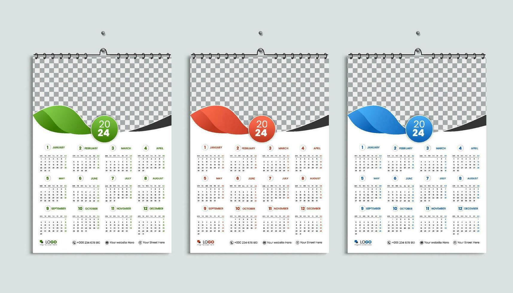 Wall calendar 2024 design template, week starts Monday, clean, elegant template schedule planner, abstract green, orange, blue gradient color luxury concept, suitable for home school, college office vector