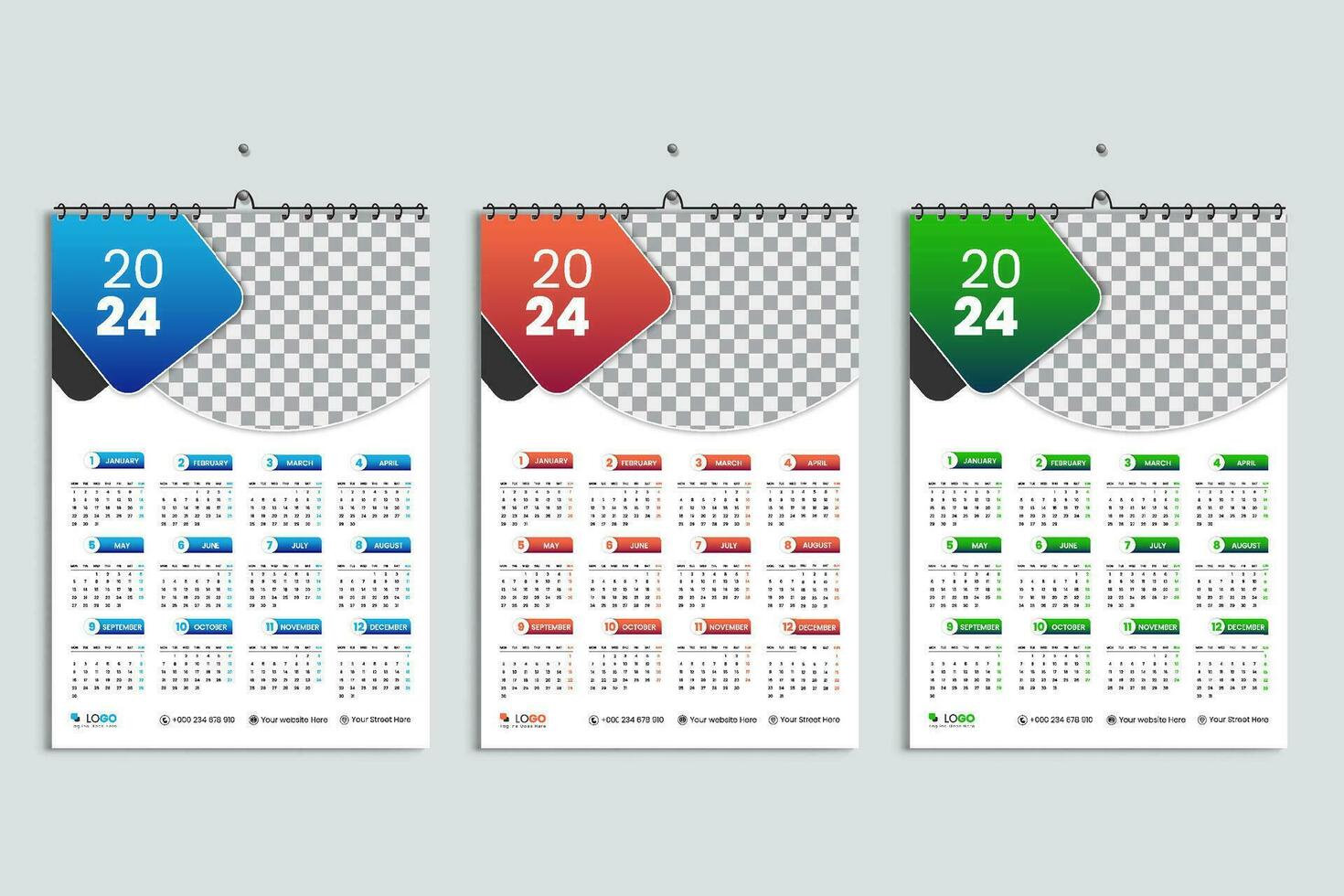 Wall calendar 2024 design template, week starts Monday, clean, elegant template schedule planner, abstract green, orange, blue gradient color luxury concept, suitable for home school, college office vector