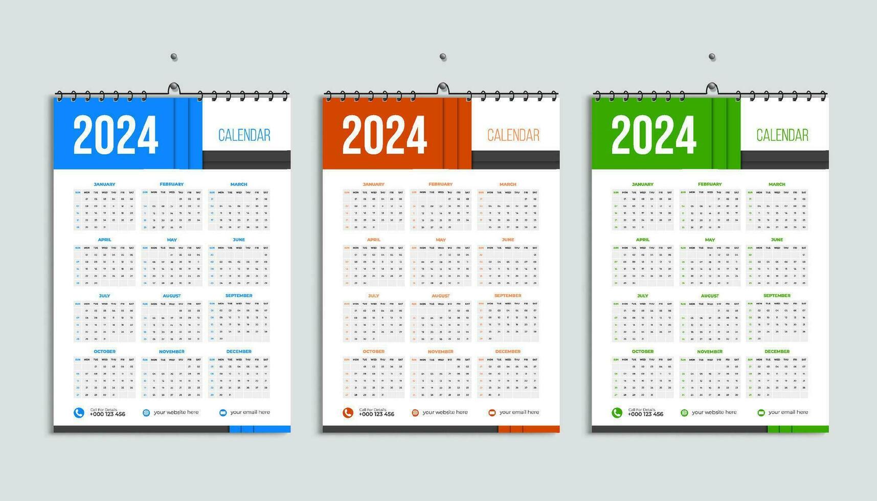 Wall calendar 2024 design template, week starts Monday, clean, elegant template schedule planner, abstract blue, orange, green gradient color luxury concept, suitable for home school, college office vector