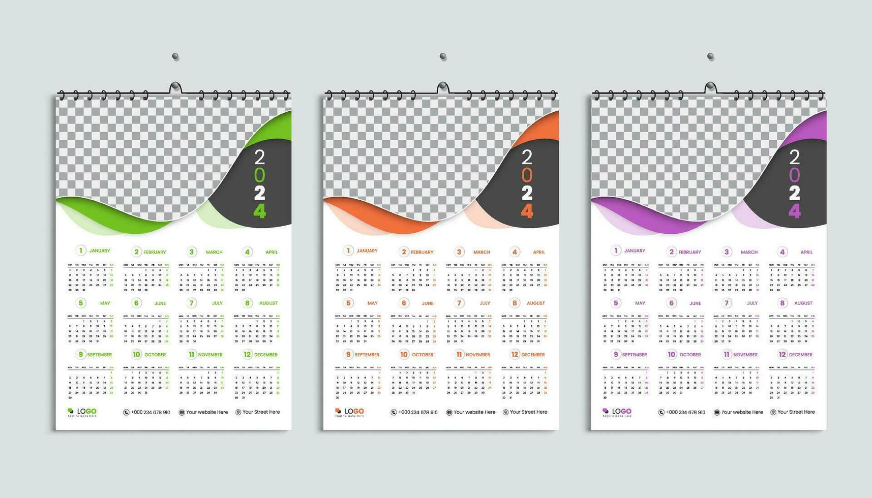 Wall calendar 2024 design template, week starting from Monday. Clean, elegant template schedule planner, abstract gradient color luxury concept, perfect use in home school college and office vector