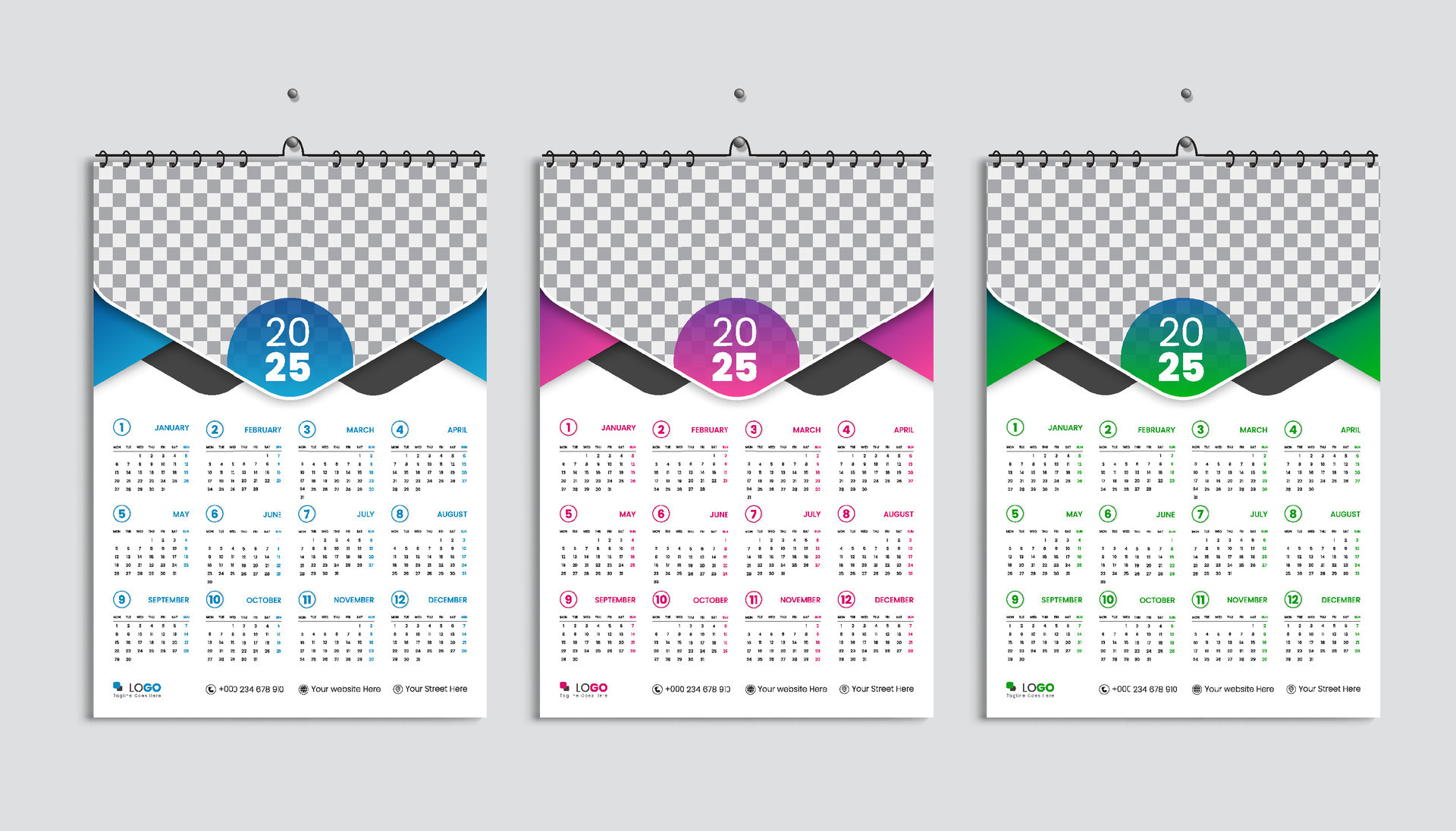 pared calendario 2025 diseño plantilla, semana empieza lunes, limpio, elegante modelo calendario
