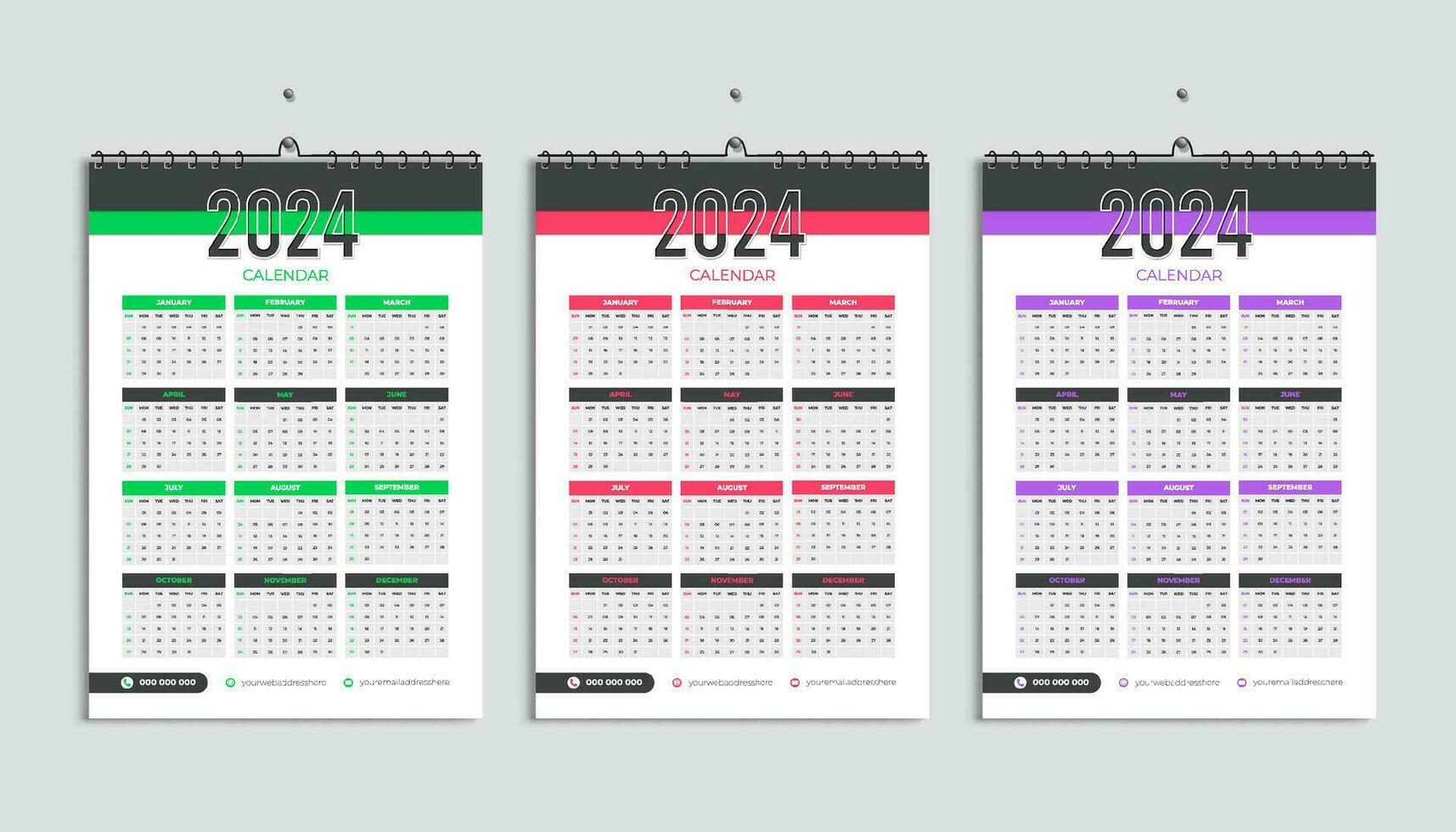 Wall calendar 2024 design template, week starts Monday, clean, elegant template schedule planner, abstract green, pink, purple gradient color luxury concept, suitable for home school, college office vector