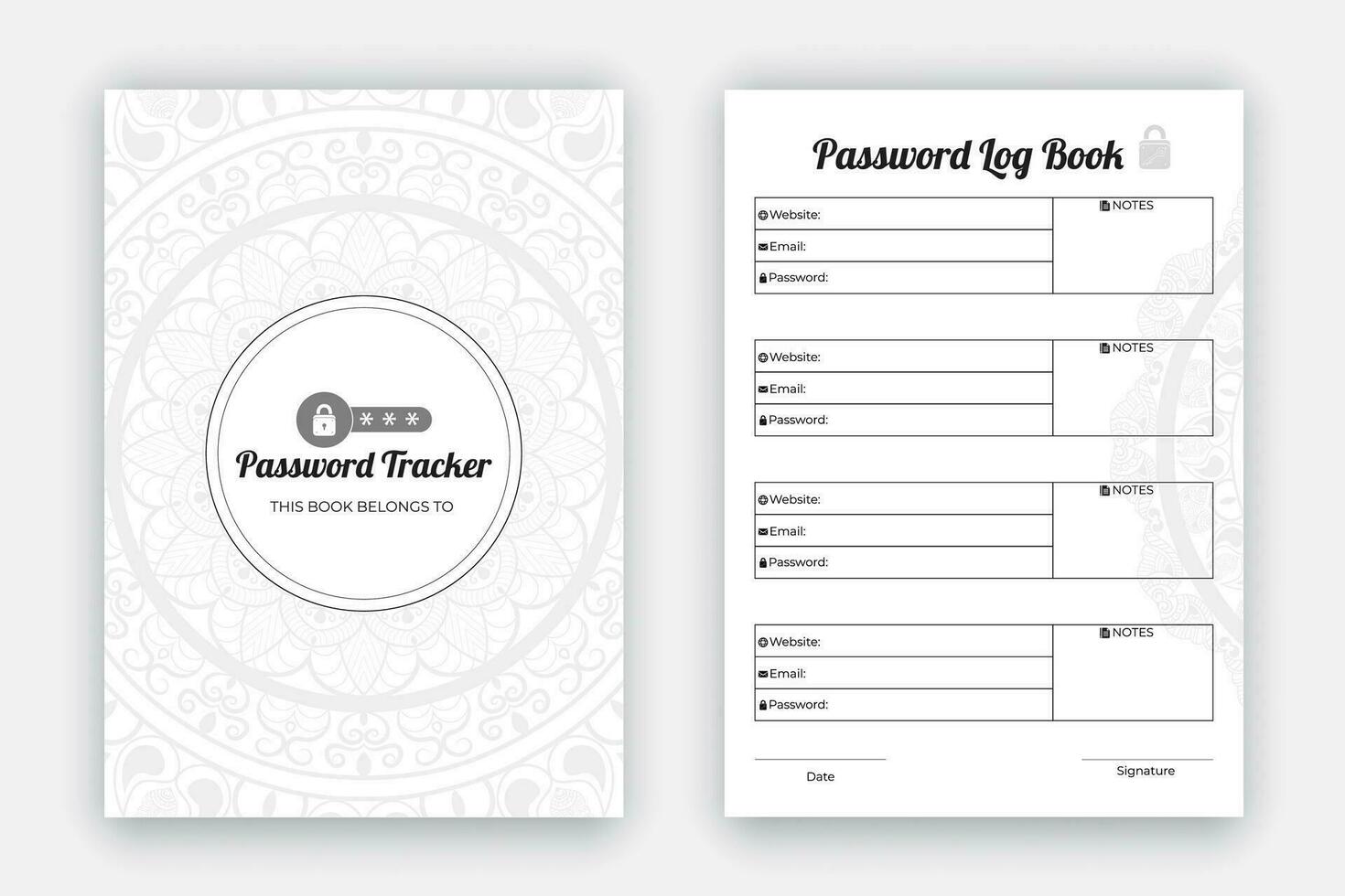 Mandala style password tracker daily planner log book notebook diary layout design template, personal and website data format, black and white paper reminder journal interior vector