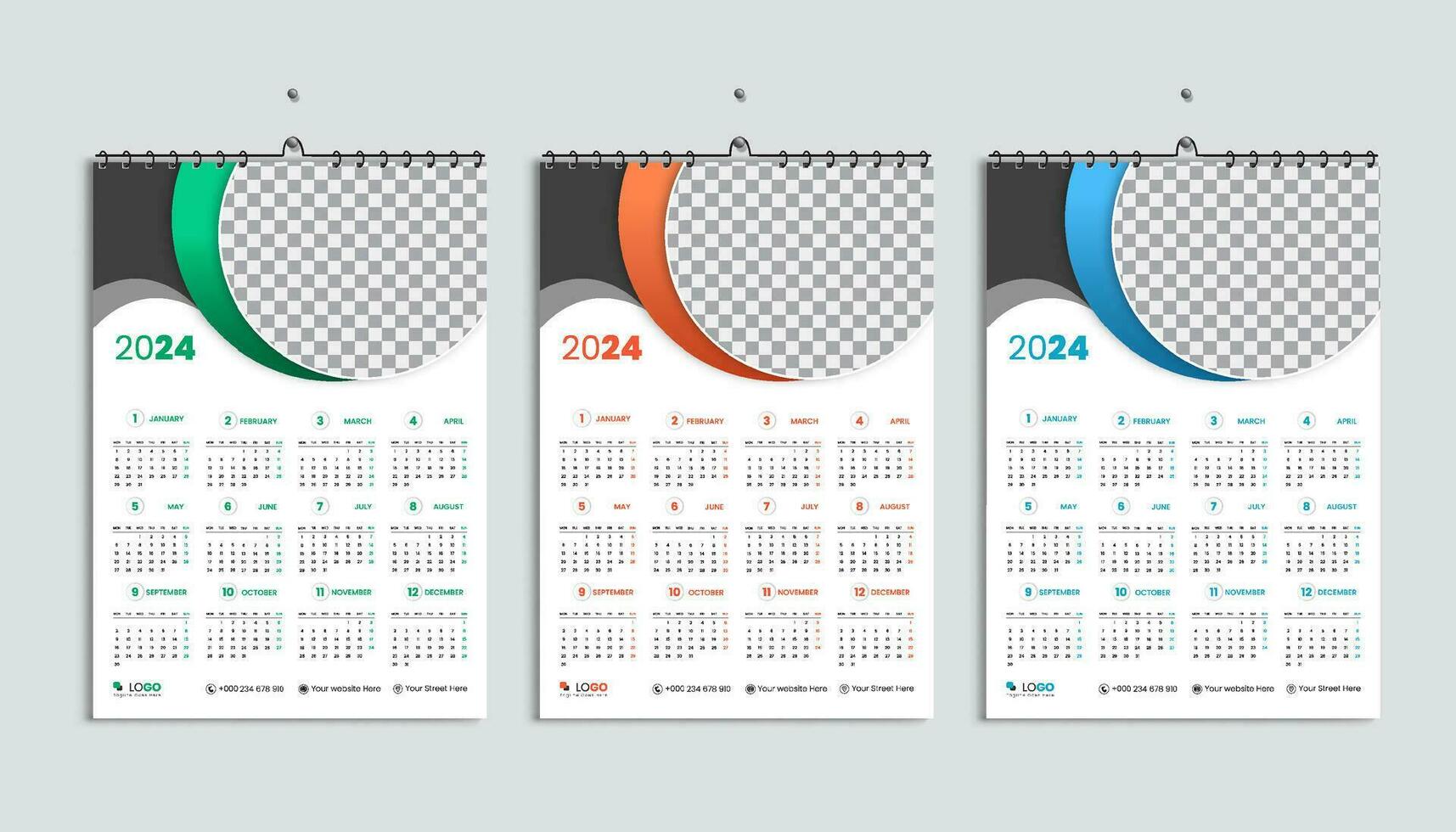 2024 wall calendar design template, week starts Monday, clean, elegant template schedule planner, abstract green, orange, blue gradient color luxury concept, suitable for home school, college office vector