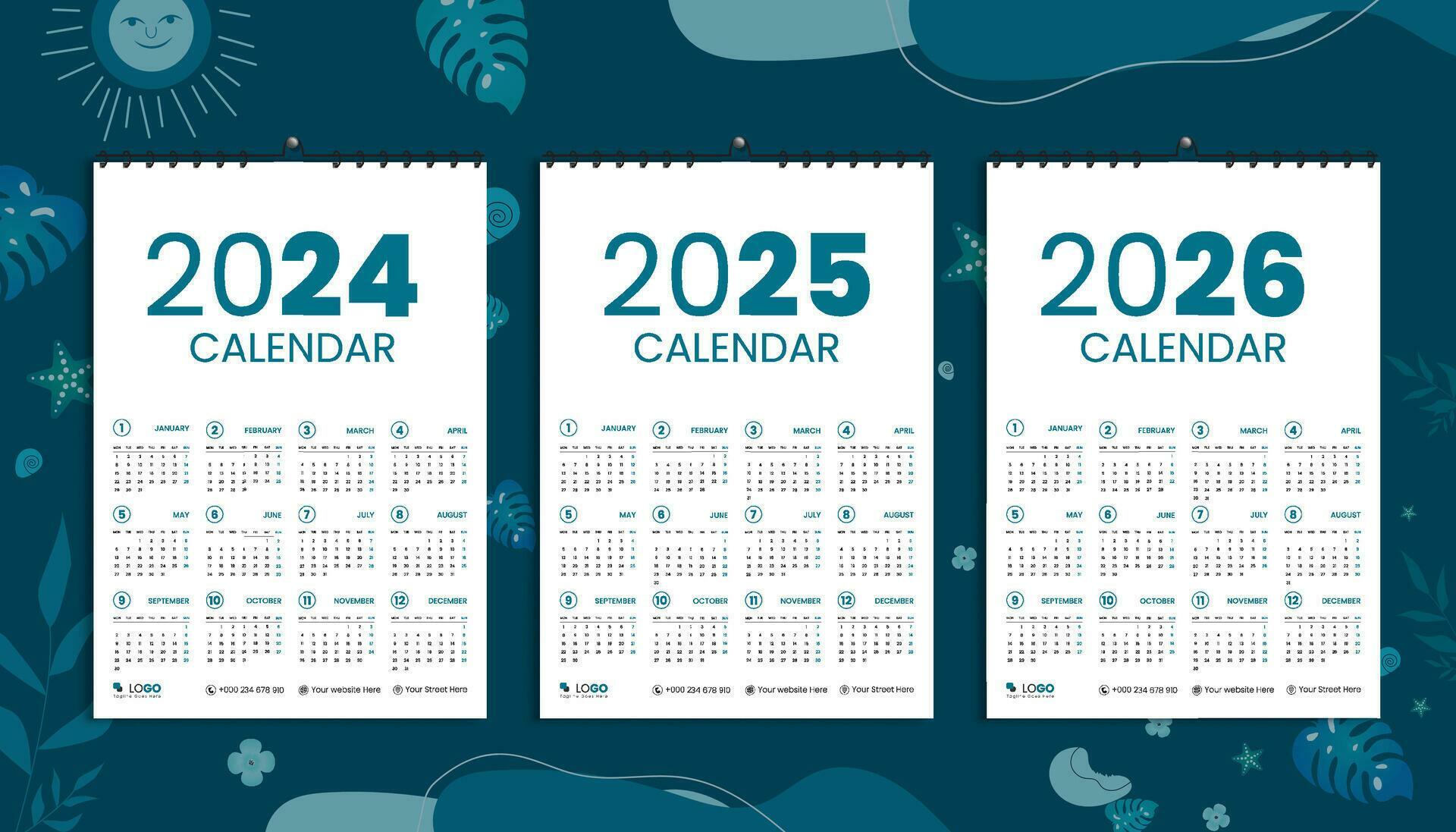pared calendario 2024, 2025, y 2026 diseño modelo manojo, semanas comenzando lunes. limpio