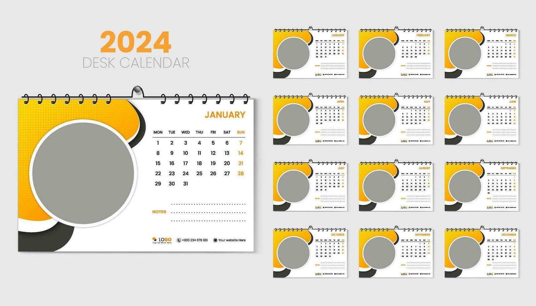 Travel desk calendar 2024 planner and corporate design template set, Annual calendar 2024 for 12 months, week starts Monday, abstract orange gradient color shape with vector layout, printing, and card